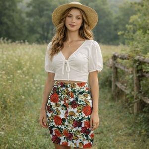 Maeve Anthropologie Floral Pencil Skirt Roses White Stitching Size 2